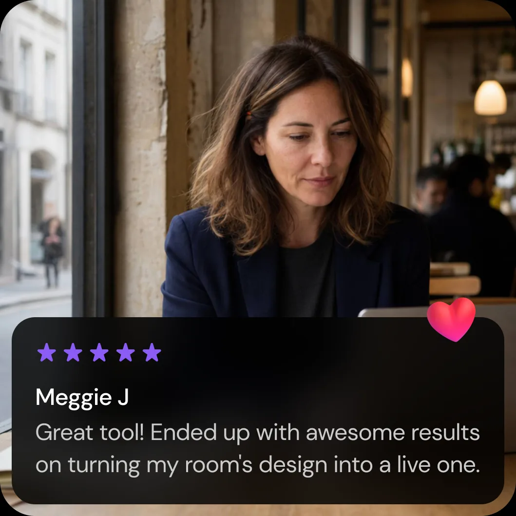 A Creona customer working on a laptop in a café, with a five-star review card reading: “Great tool! Ended up with awesome results on turning my room's design into a live one.” — Meggie J
