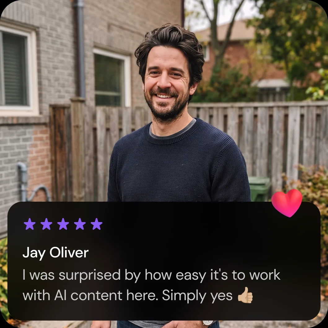 A Creona customer standing outdoors, with a five-star review card reading: “I was surprised by how easy it's to work with AI content here. Simply yes 👍🏼” — Jay Oliver