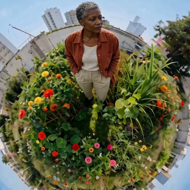 Fisheye-style camera view that sweeps around the subject like a 360 action camera