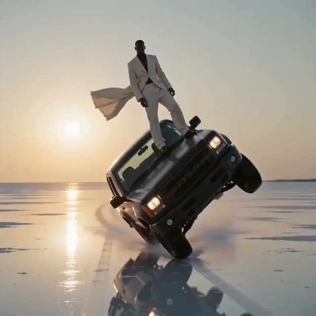 Person posing casually on the roof of a skidding, tilted car