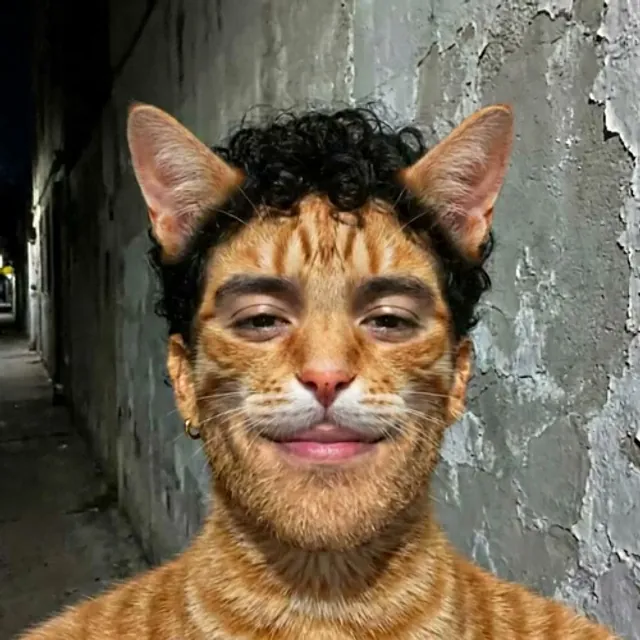 Person whose face and features morph into an eerie cat-human hybrid