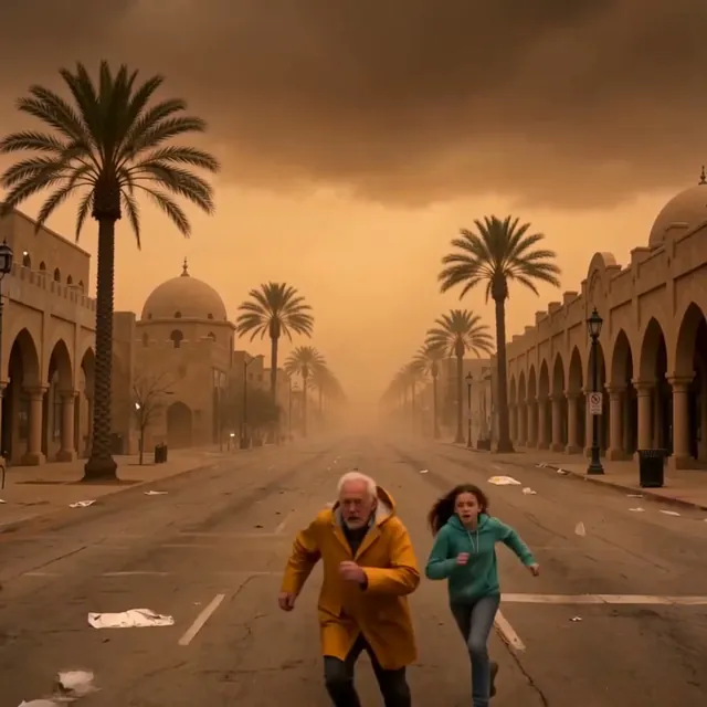 Huge wall of dust and sand rolling across a landscape toward the viewer
