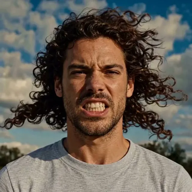 Person leaning into powerful winds with hair and clothes whipping around