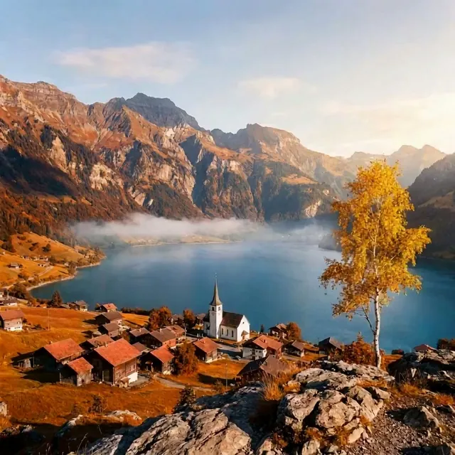 Same landscape changing from spring blossom to summer green, autumn leaves and winter snow