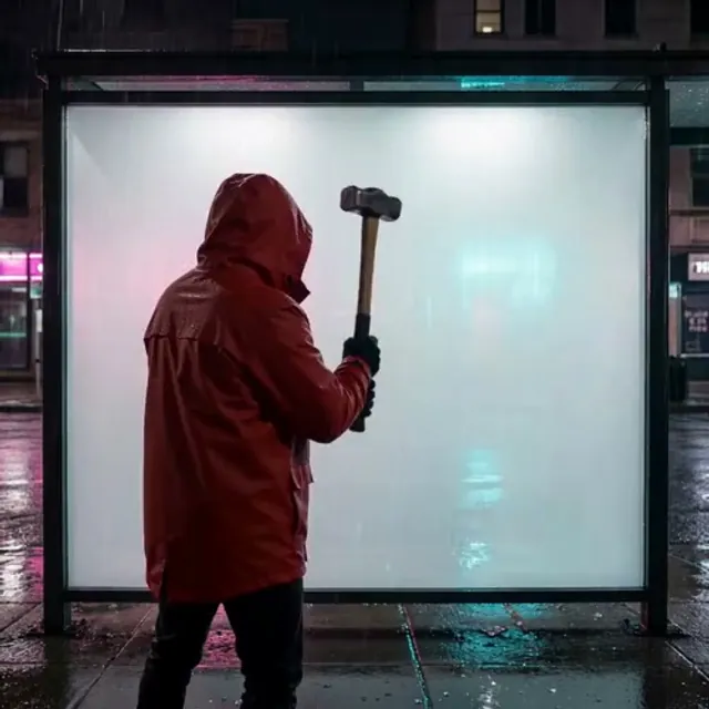 Hooded figure smashing a bus stop panel to reveal a logo