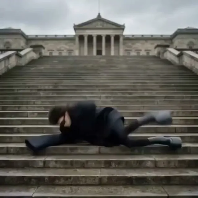 Person launched down a long flight of stairs in a comedic slapstick fall