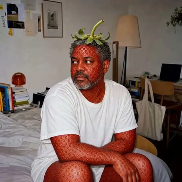 Subject transformed into a living strawberry with cinematic lighting