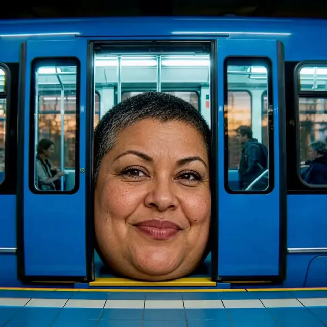 Person with a comically oversized head squeezed into a crowded transit scene